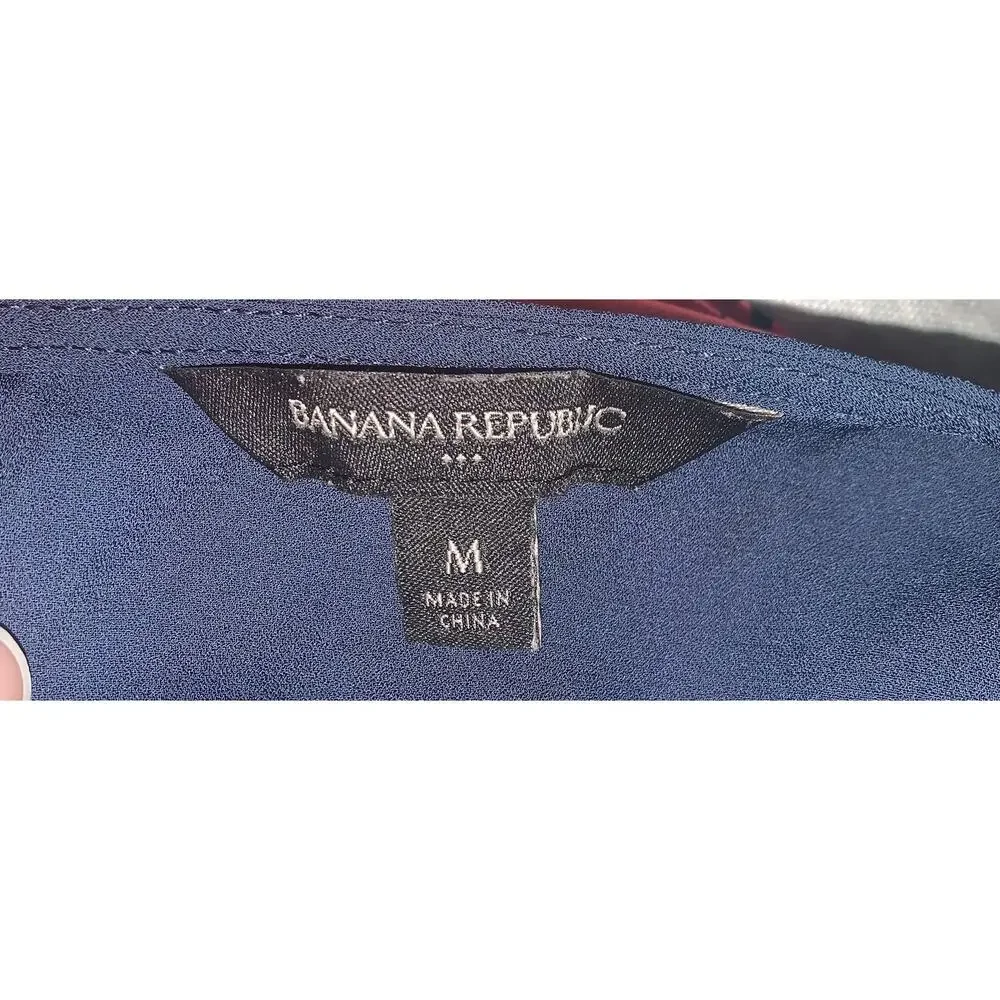 Banana Republic Short Sleeve Blouse Medium Navy Blue Puff Sleeve